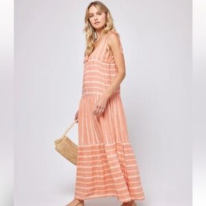 New! L SPACE AVA DRESS Sz XS Maxi Tiered Orange Stripe Beachy Cottagecore Boho